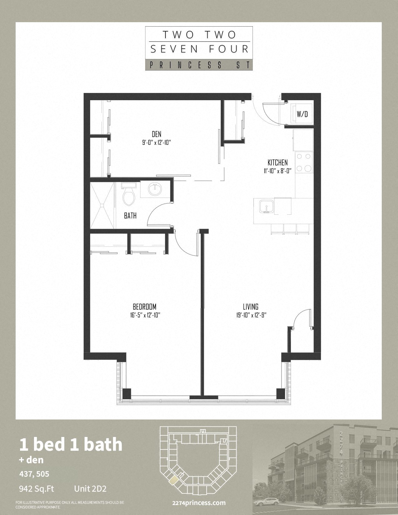 Floor plan for 2 beds, 1 bath, 942 sqft